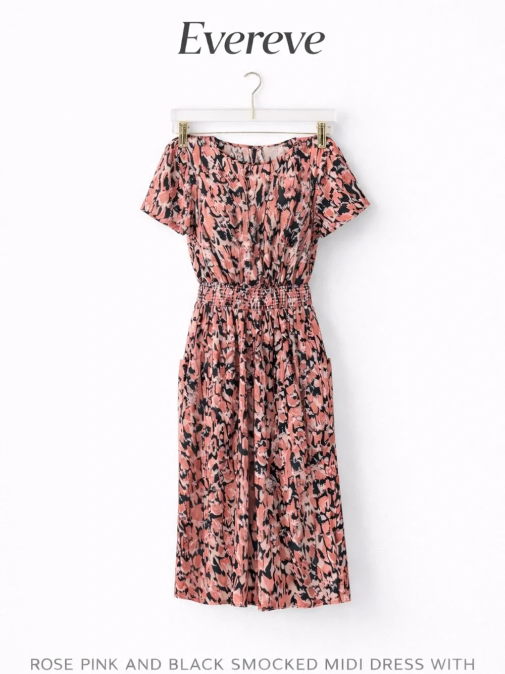 Evereve Smocked Midi Dress XS NWT $128 Rose Pink Black Print Pockets Flowy Boho